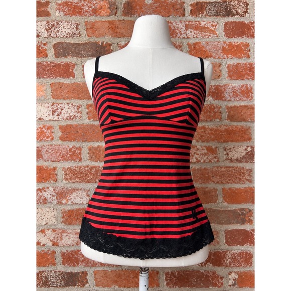 Robbie Bee Tops - VTG Y2K Red Black Striped Lace Trim Tank Top Mall Goth Grunge Punk Alt 2000s